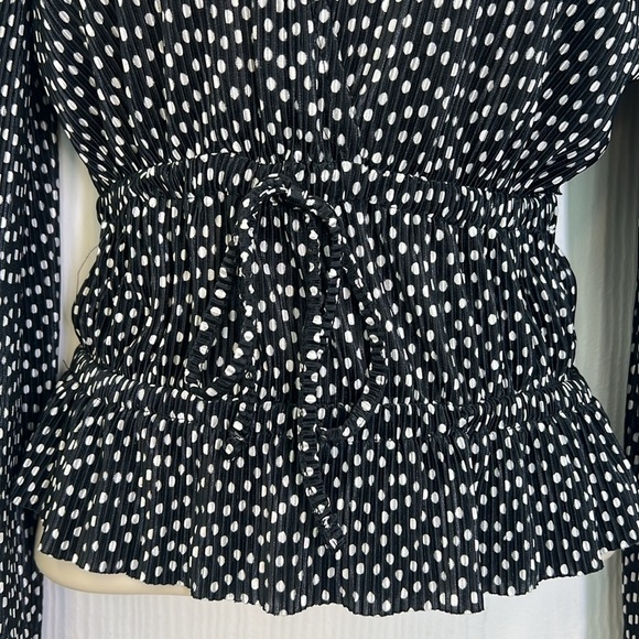 Zara - Polka Dot Black & White Plunge Tie Silky Long Sleeve Blouse Size Small - Picture 4 of 10